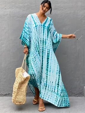 Abstract Stripe Light Blue Maxi Kaftan Dress | Resort Swim Cover-Up | OS